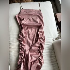 Pink slinky satin dress with bejeweled straps